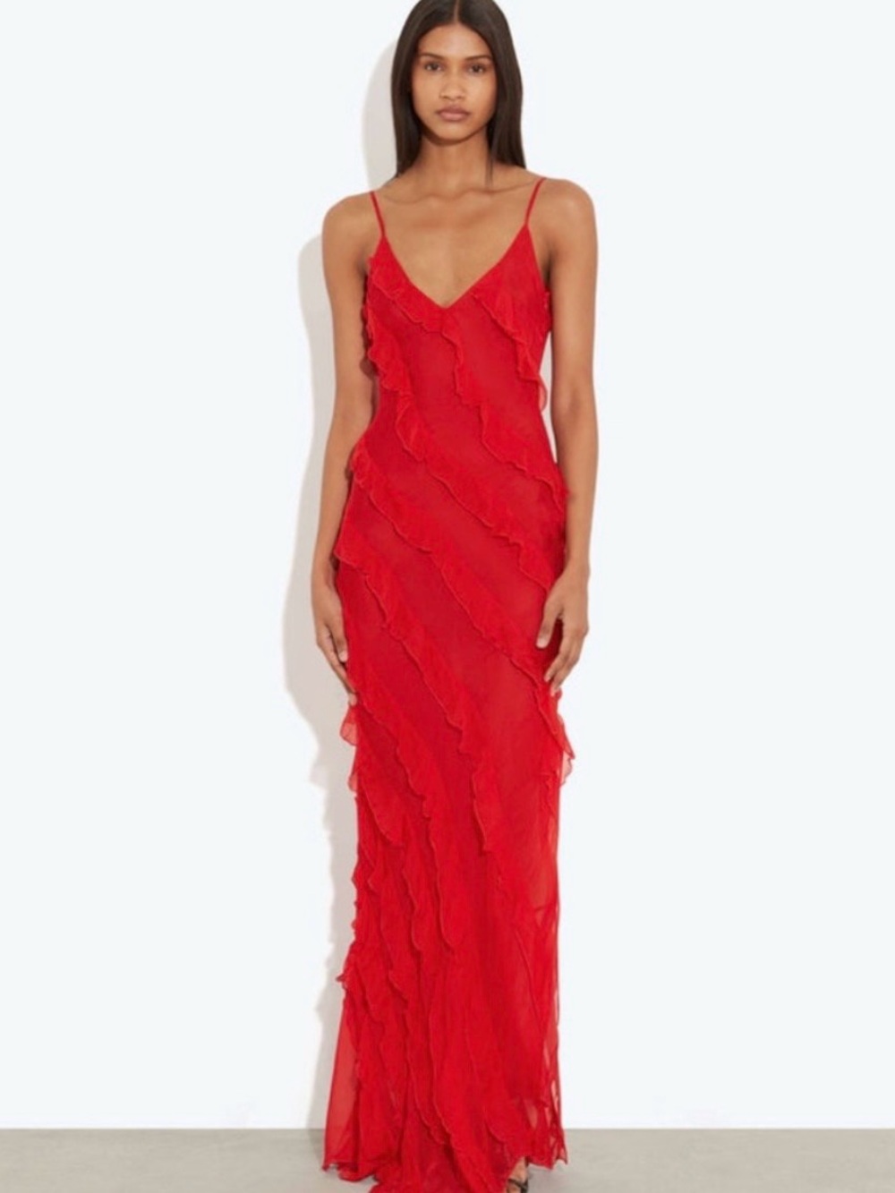 Rat & Boa Red Ruffle-Detail Slip Maxi Dress